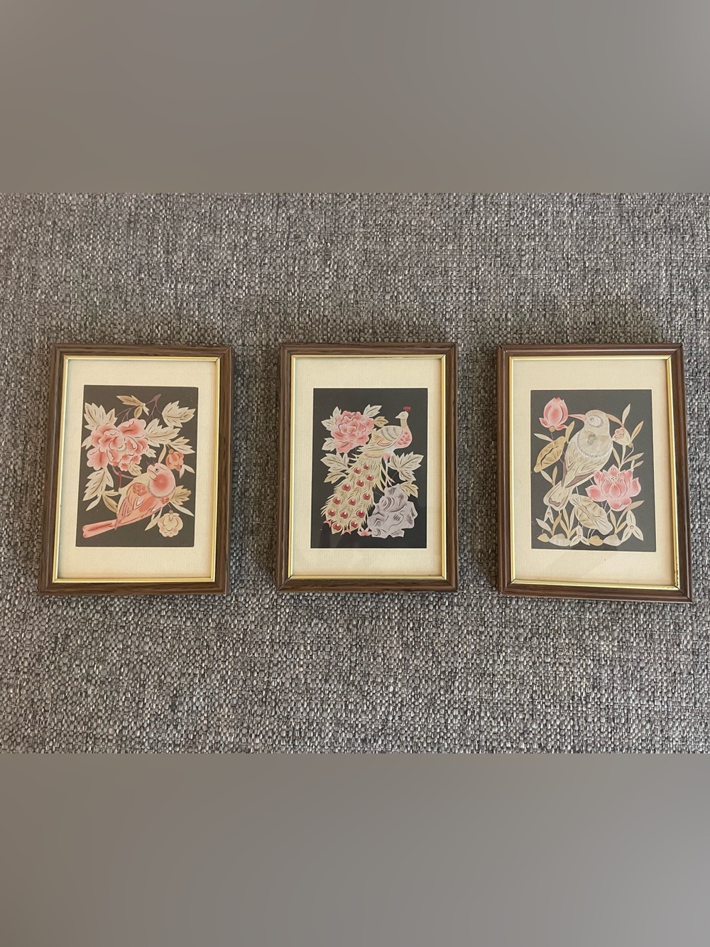 Vintage MCM Mixed Media Bird Botanical Framed Art Set of 3 - Pink, Cream, Green